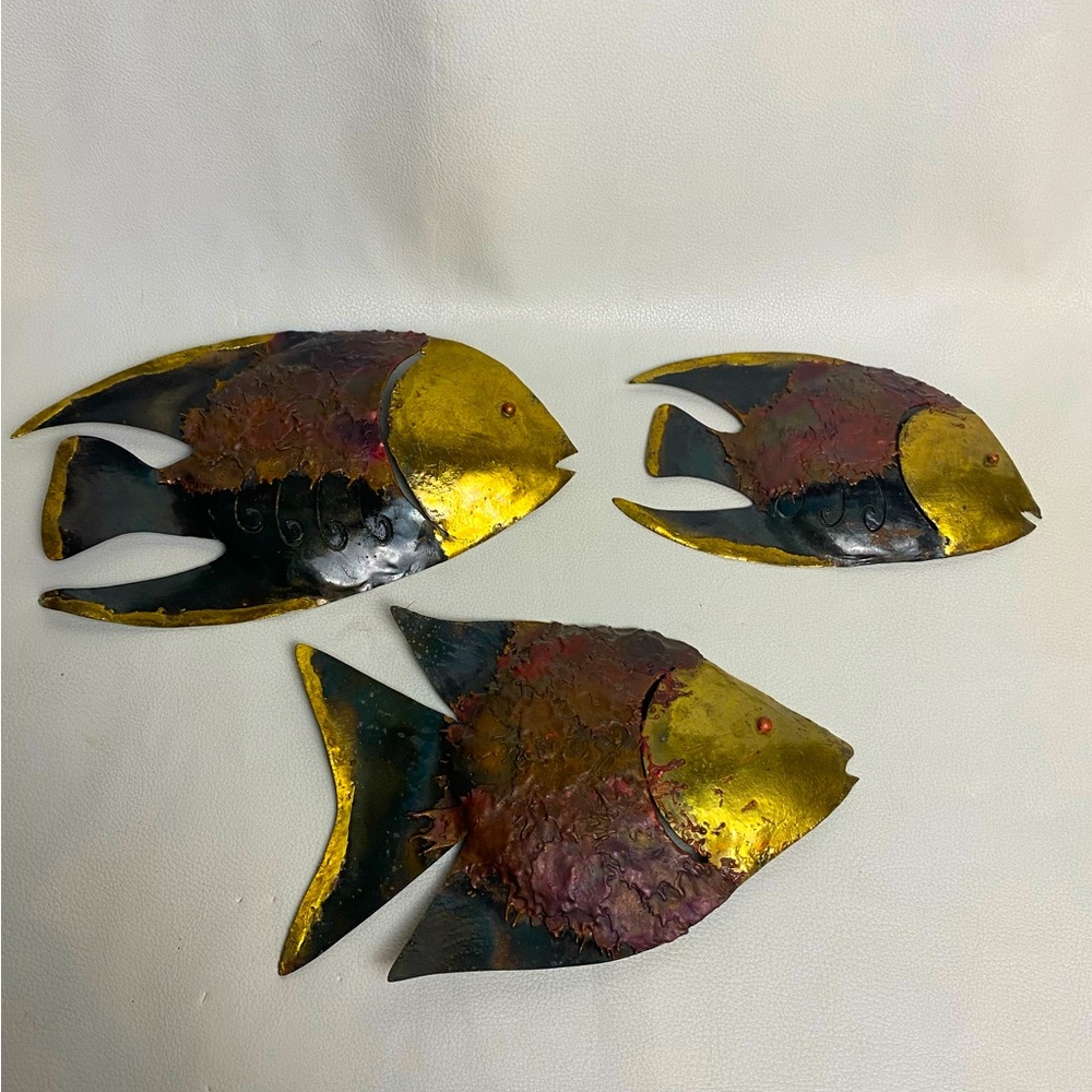 Mid Century Brutalist Metal Art Fish Vintage Wall Sculptures set of 3